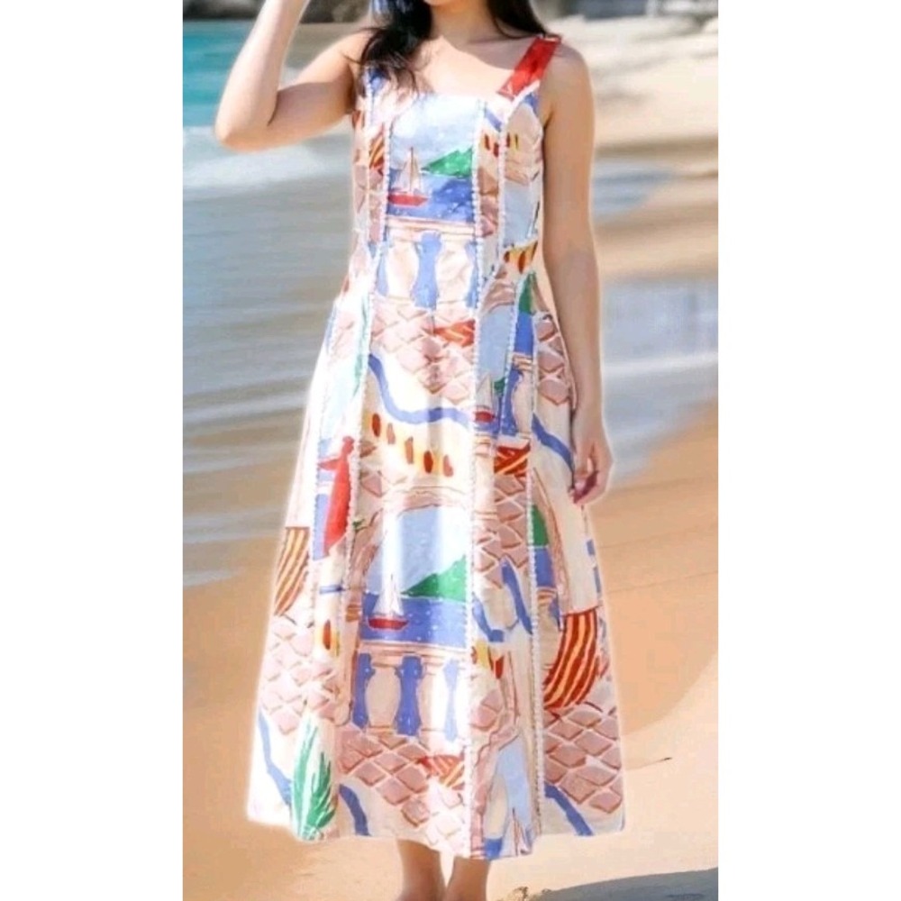 Christian Lacroix Linen Blend Sleeveless A Line Dress Coastal‎ Print NWT$265